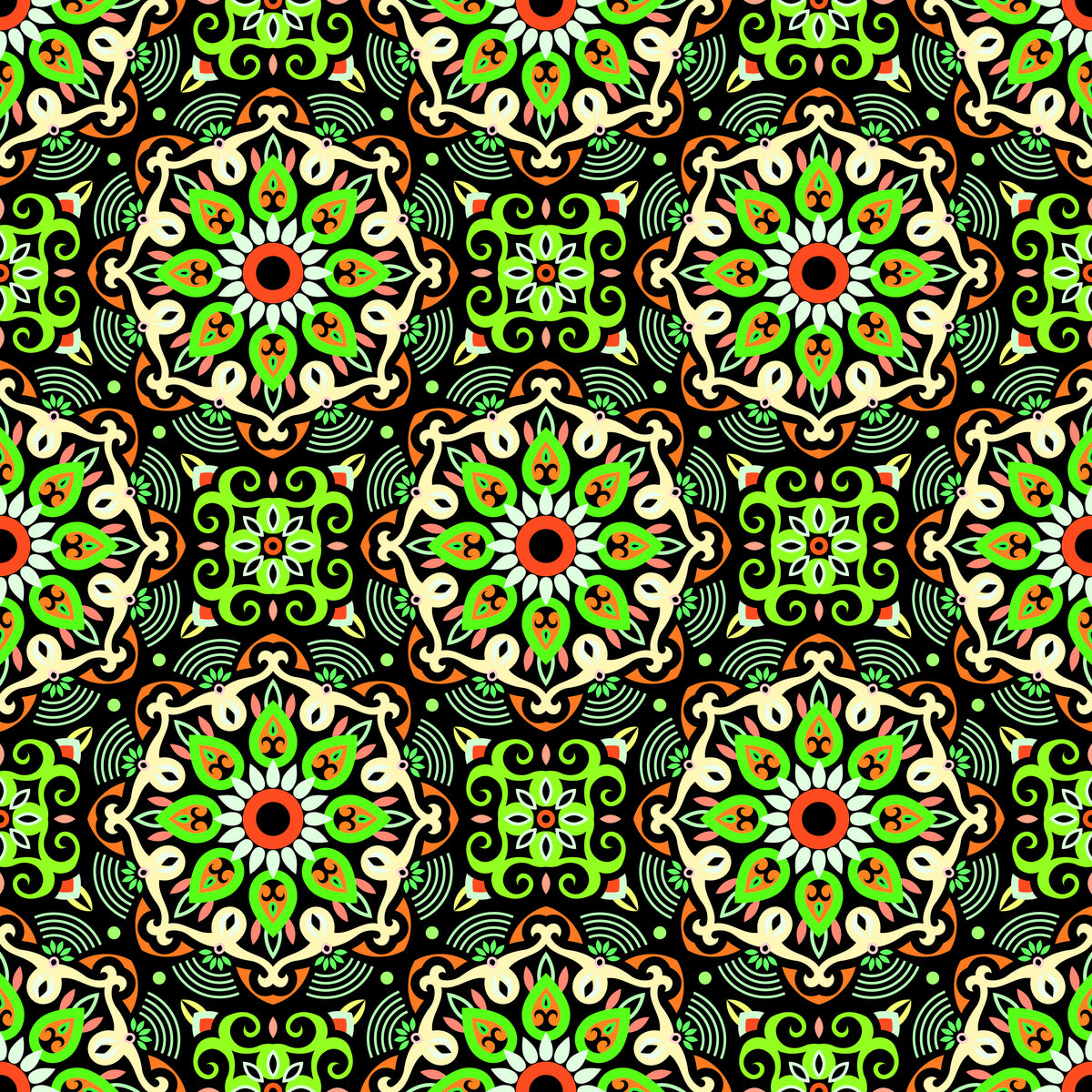 Green - Orange Mandala Fabric - 140
