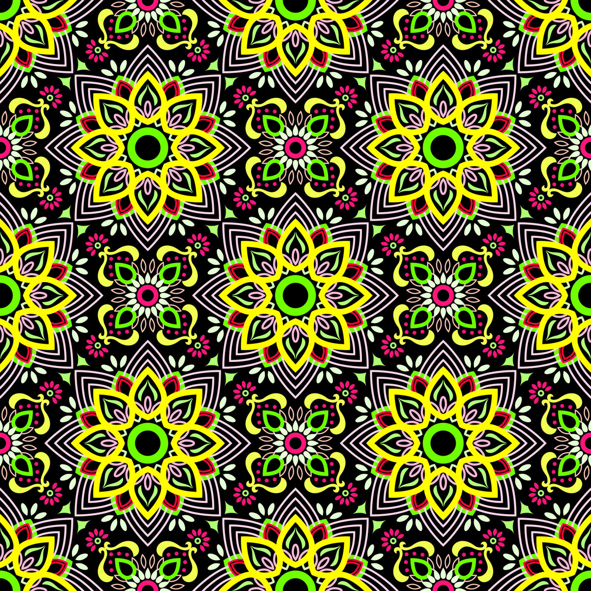 Yellow - Green - Red Mandala Fabric - 145
