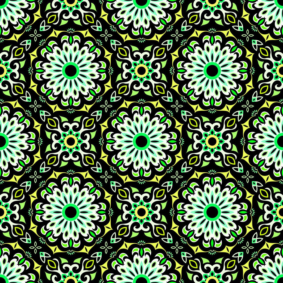 Green - Turquoise - Yellow Mandala Fabric - 198