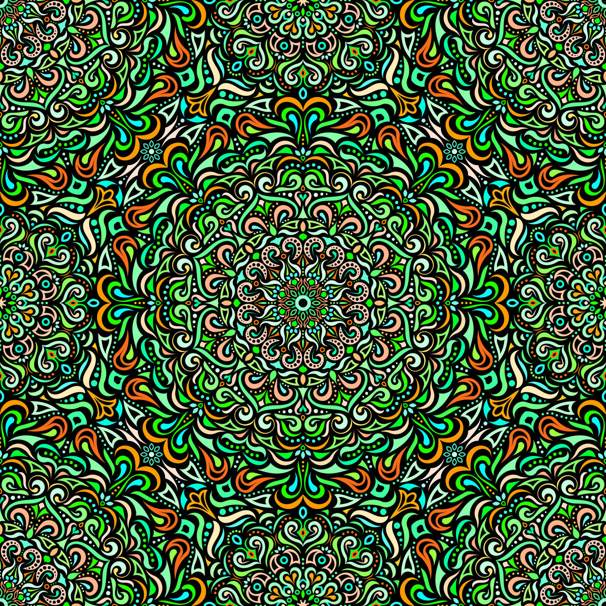 Green - Orange - Turquoise Mandala Fabric 2005