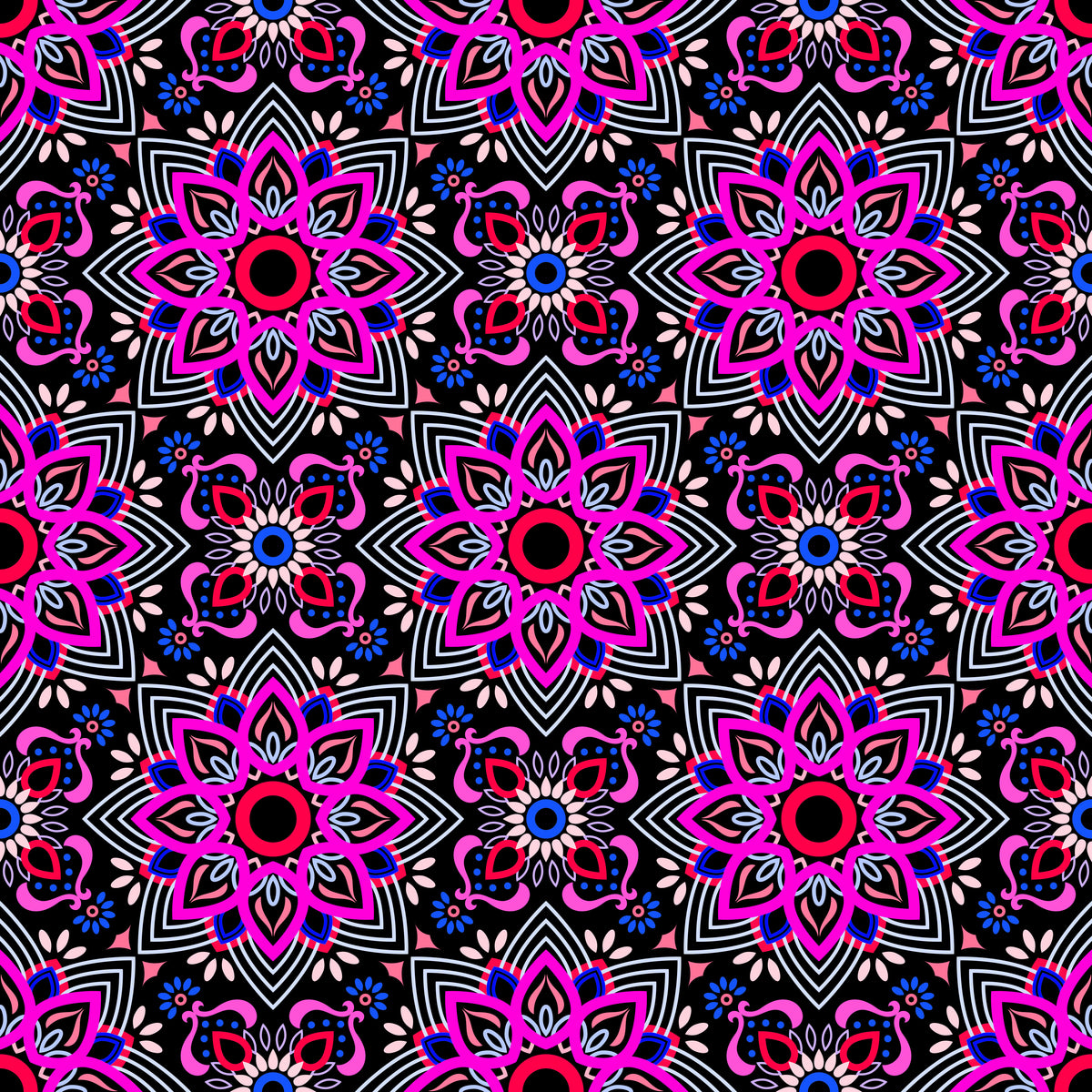 Pink - Blue - Red Mandala Fabric - 145