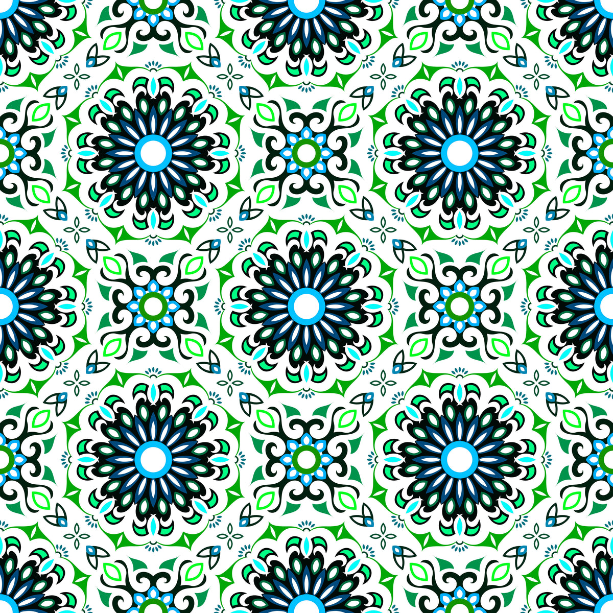 Green - Turquoise Mandala Fabric - 198i