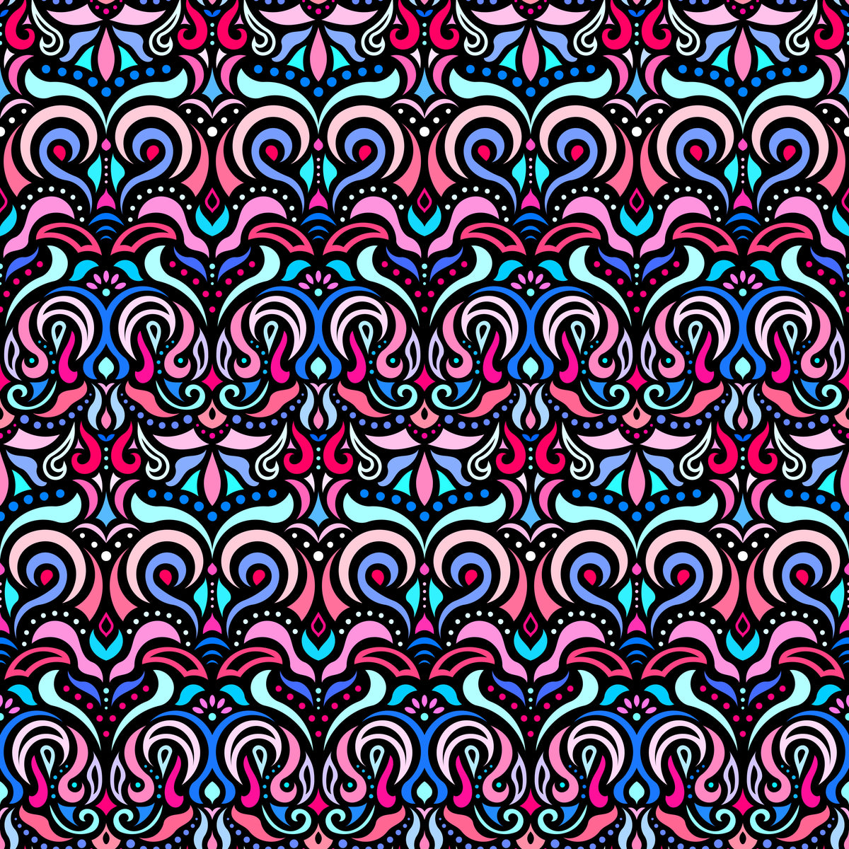 Red - Blue - Turquoise Abstract Doodle Fabric 1007