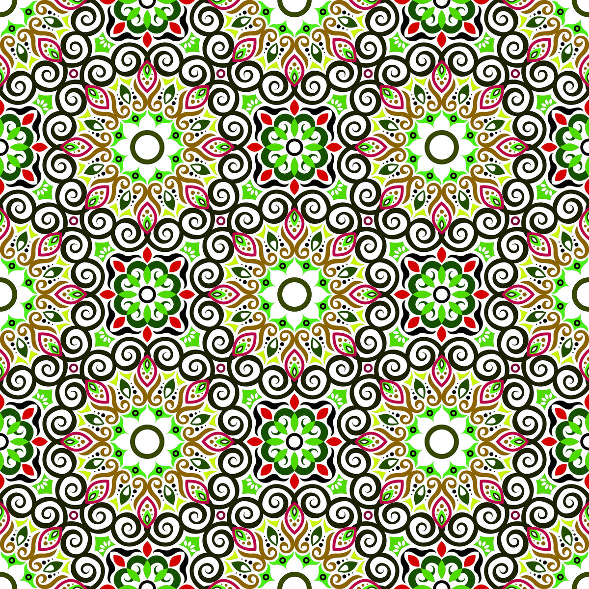 Green - Red - Brown Mandala Fabric - 125i