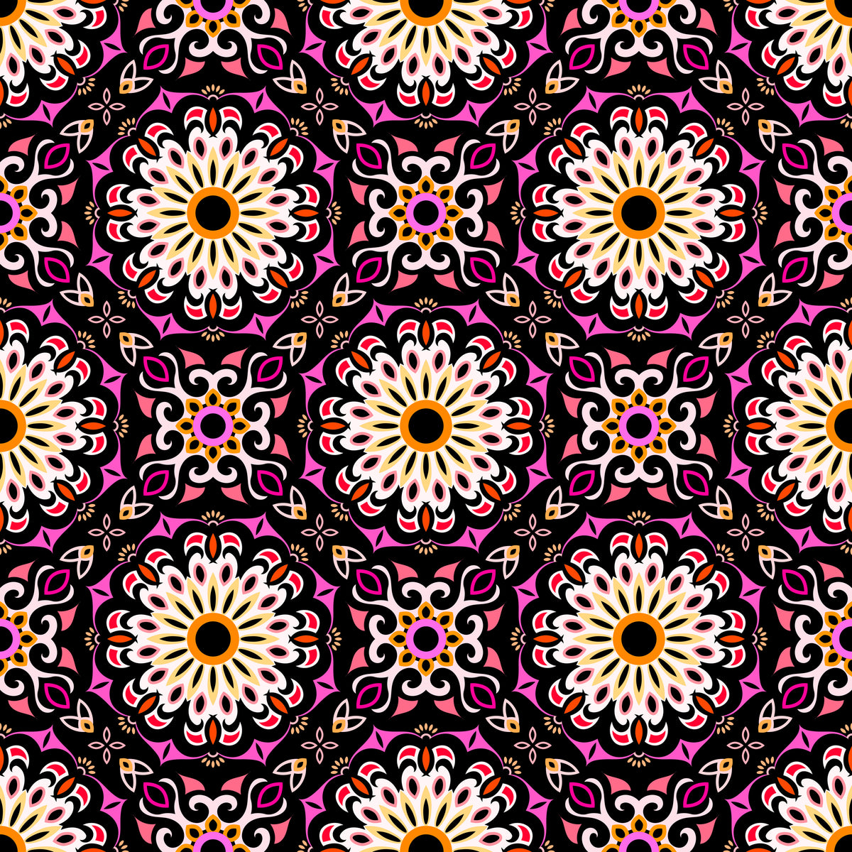 Pink - Yellow - Orange Mandala Fabric - 198