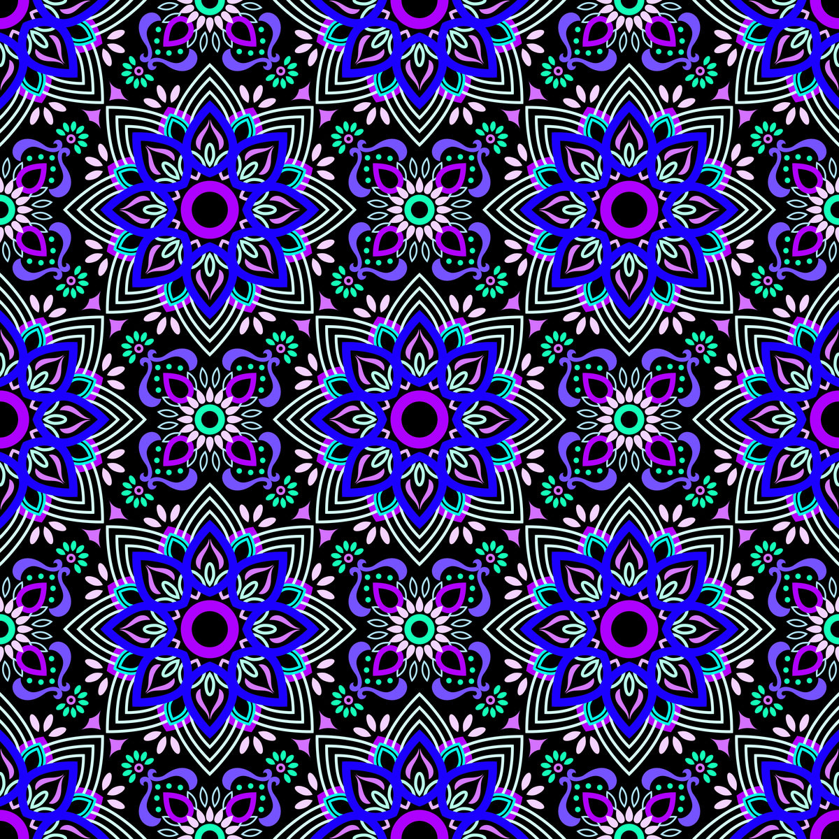 Blue - Purple - Turquoise Mandala Fabric - 145