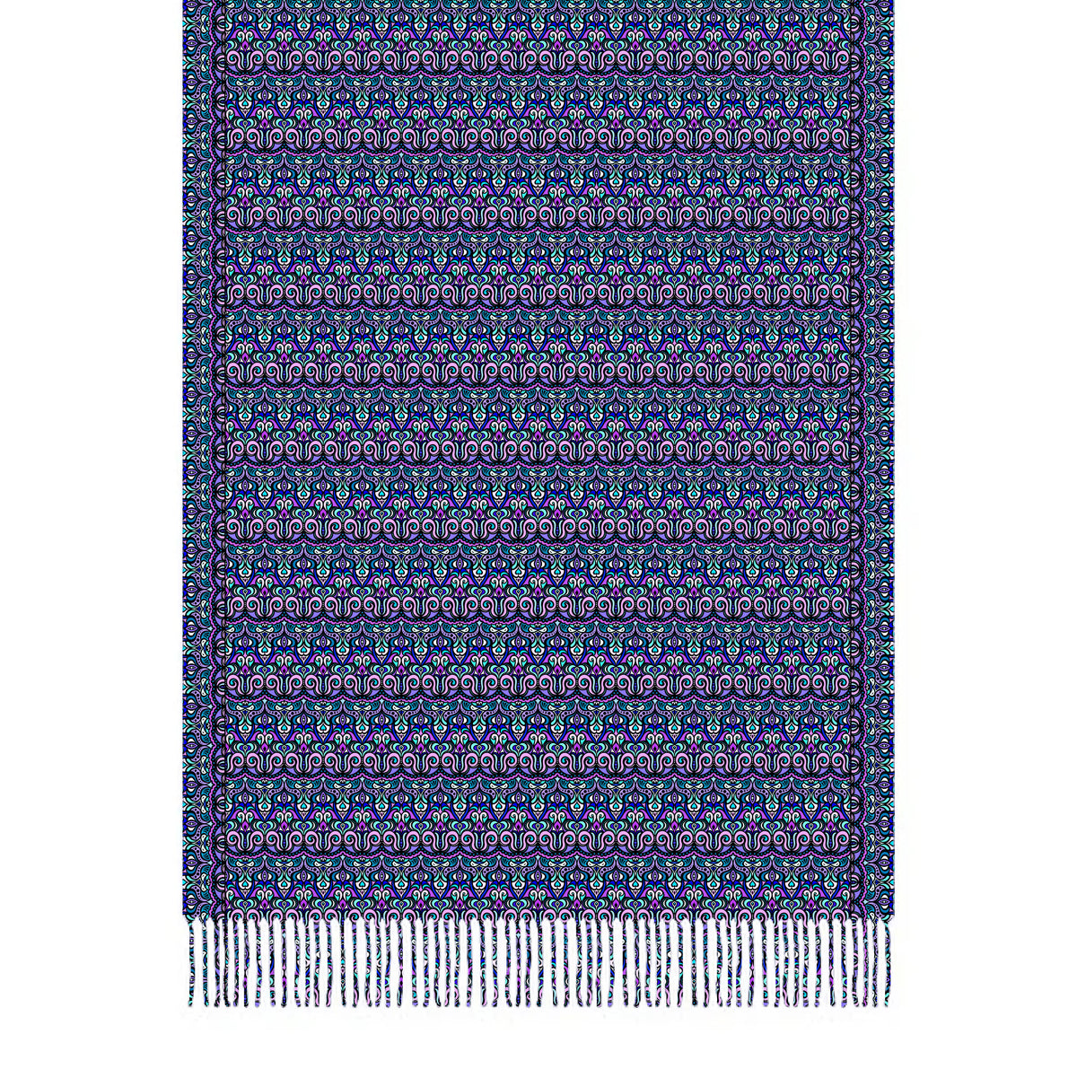 Purple - Turquoise - Blue Abstract Doodle Scarf with Tassels