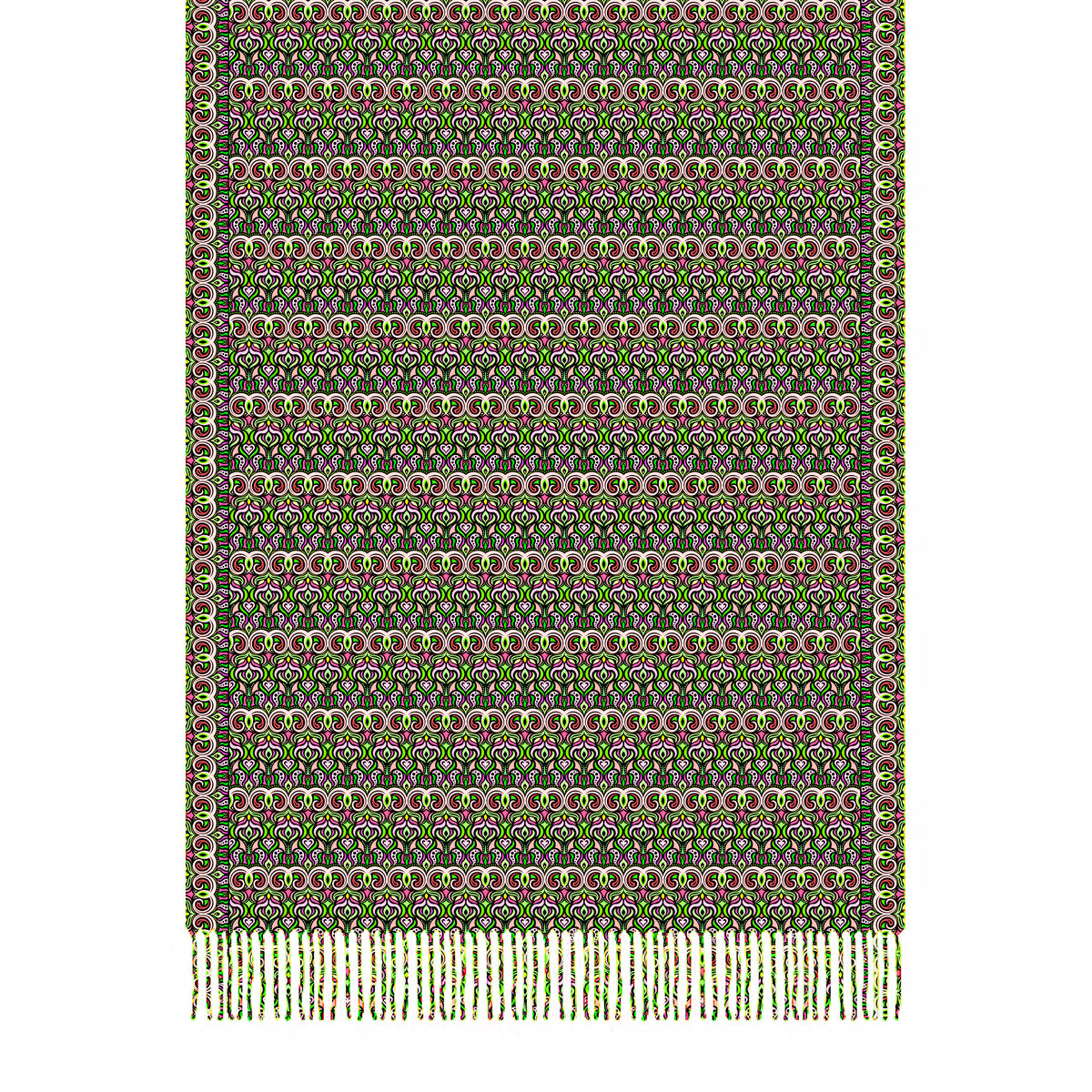 Green - Pink - Red Abstract Doodle Scarf with Tassels