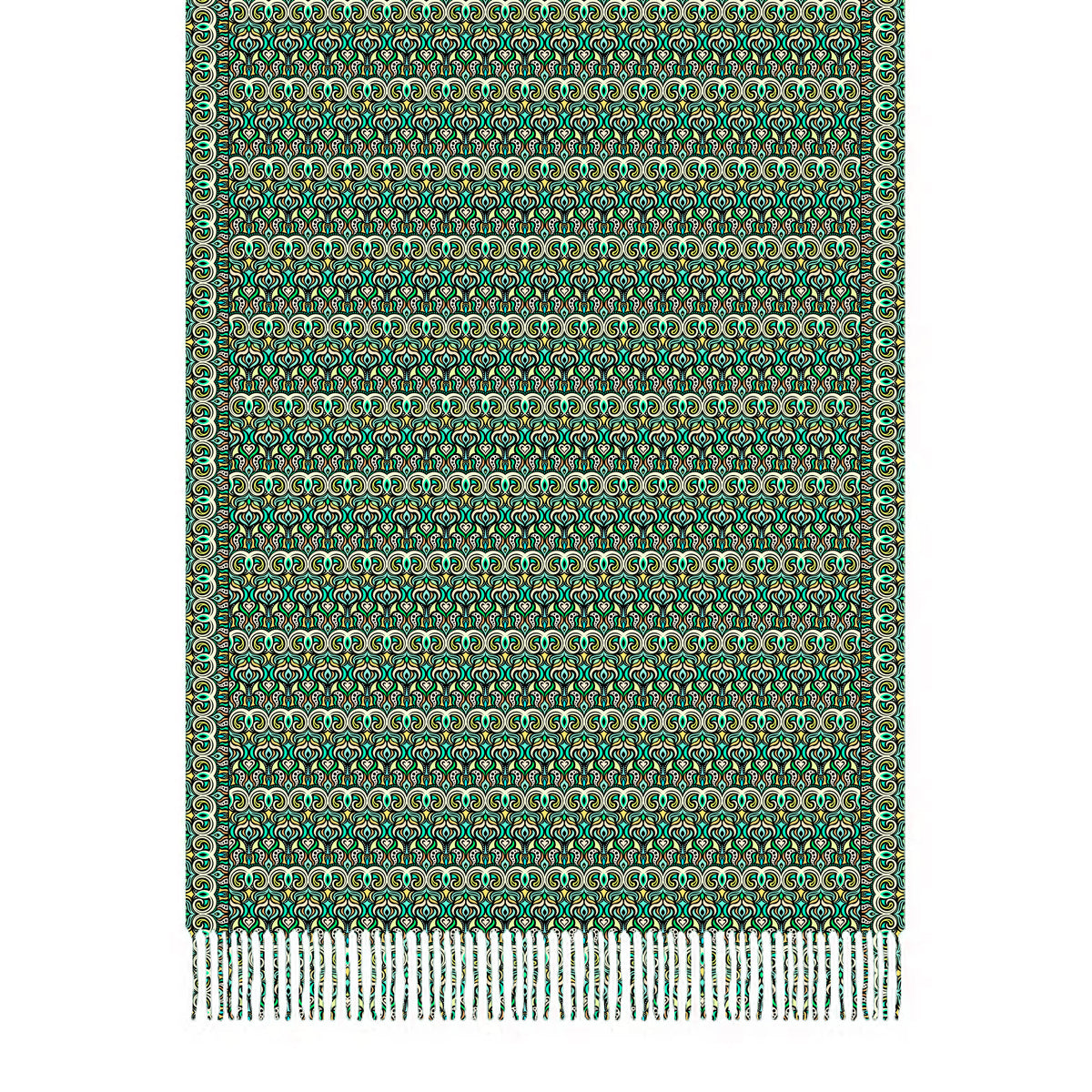 Turquoise - Yellow - Green Abstract Doodle Scarf with Tassels