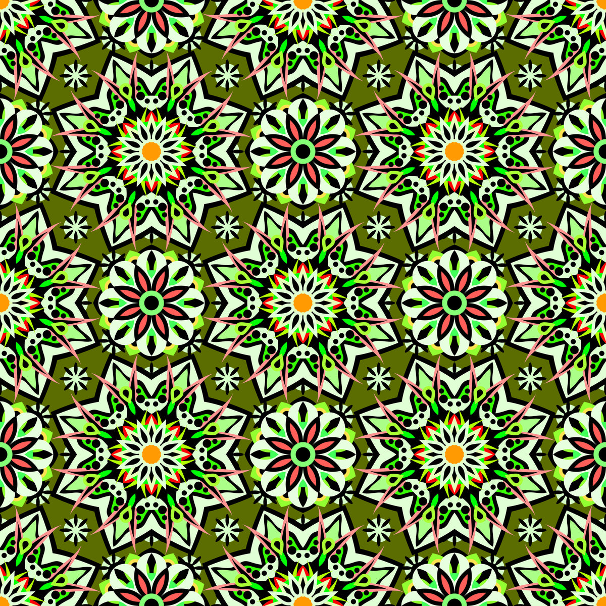 Green - Red - Orange Mandala Fabric - 122