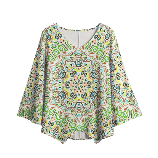 Green - Orange - Turquoise V-Neck Blouse